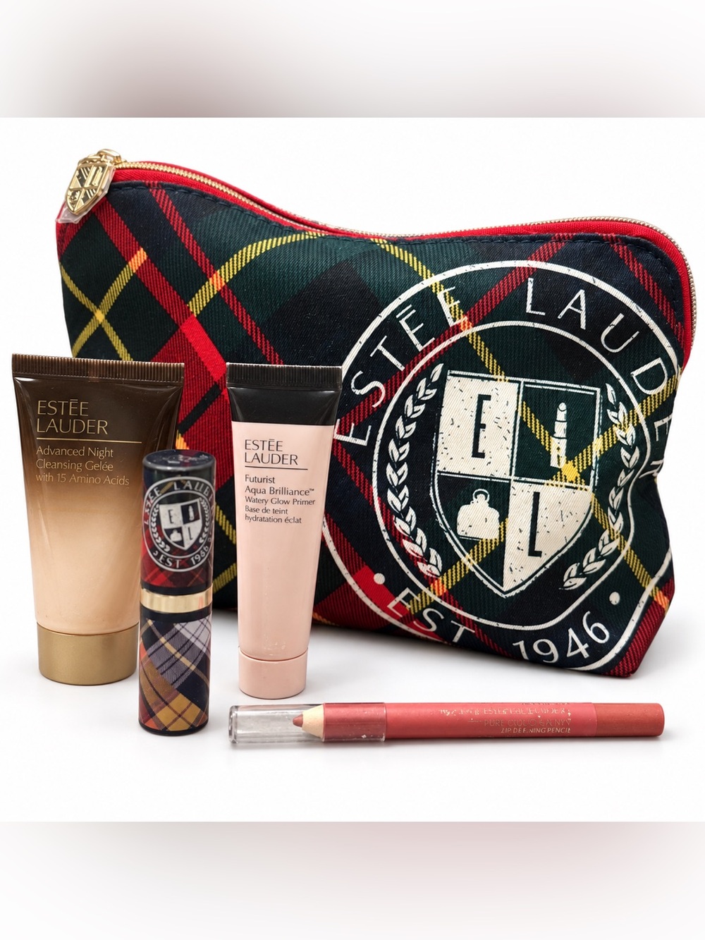 Estee Lauder 5-Piece Makeup Set Plaid Bag Lipstick Lip Liner Primer Cleanser